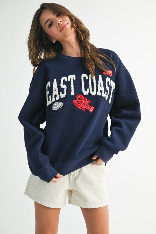 East Coast Graphic Fleece Pullover-Navy Blue Sweatshirt - Kiyana Boutique