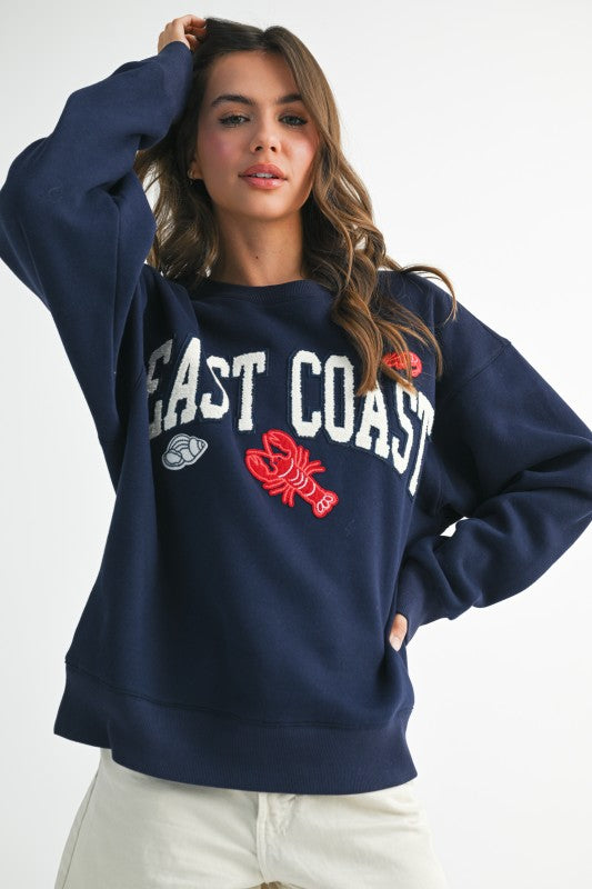 East Coast Graphic Fleece Pullover-Navy Blue Sweatshirt - Kiyana Boutique
