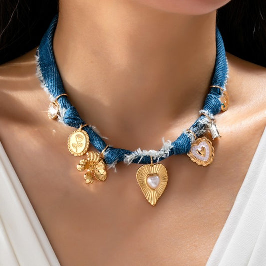 Gabrielle Distressed Denim Heart Floral Charm Necklace - Kiyana Boutique