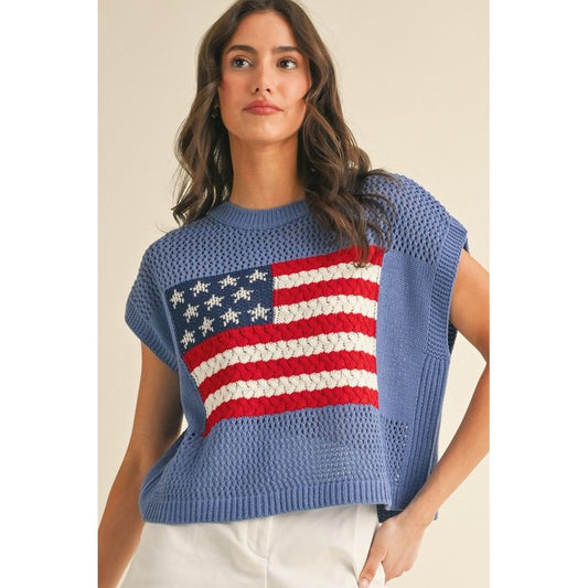 Harper American Flag Knit Sweater Top-Blue - Kiyana Boutique