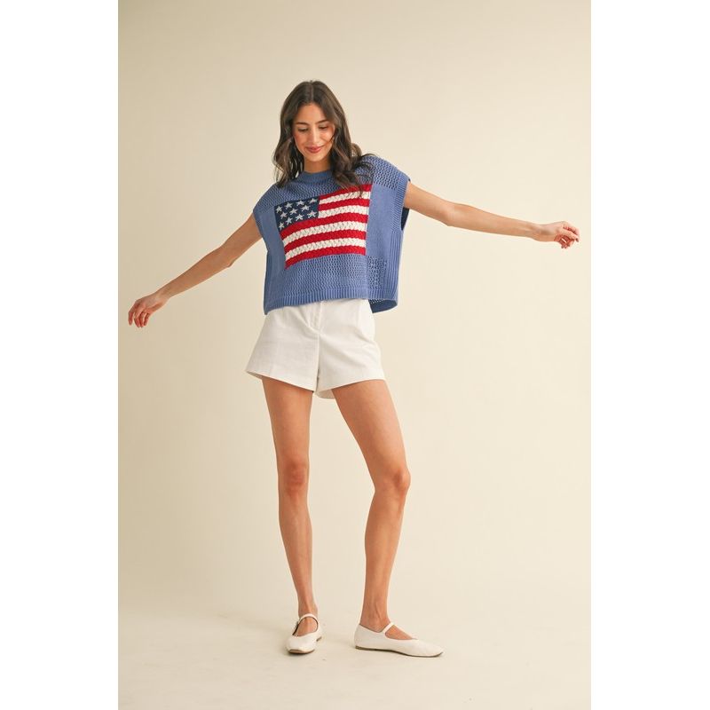 Harper American Flag Knit Sweater Top-Blue - Kiyana Boutique