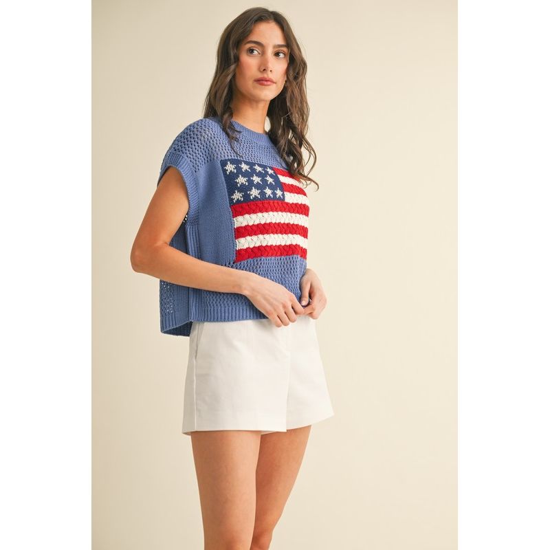 Harper American Flag Knit Sweater Top-Blue - Kiyana Boutique