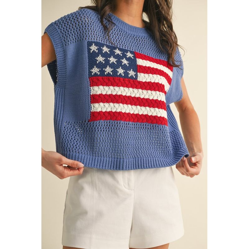 Harper American Flag Knit Sweater Top-Blue - Kiyana Boutique