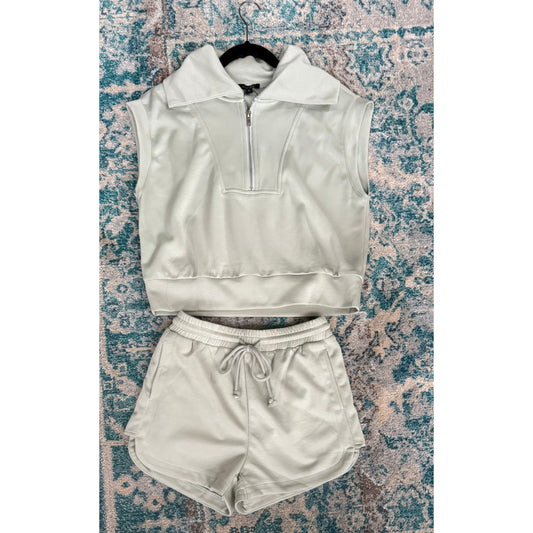 Haven Half-Zip Cropped Sweatshirt & Shorts Set-Pistachio Latte - Kiyana Boutique