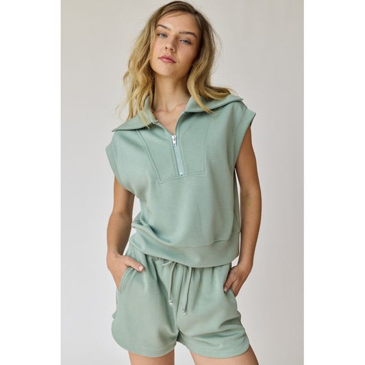 Cropped half-zip sweatshirt and shorts set