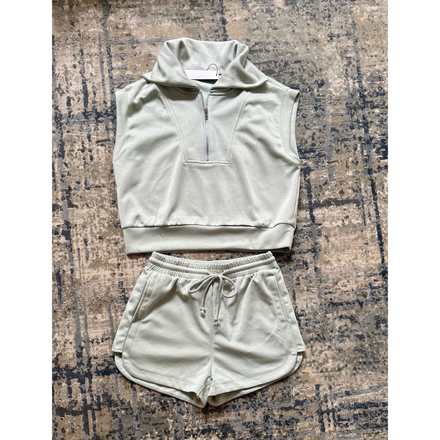Haven Half-Zip Cropped Sweatshirt & Shorts Set-Pistachio Latte - Kiyana Boutique