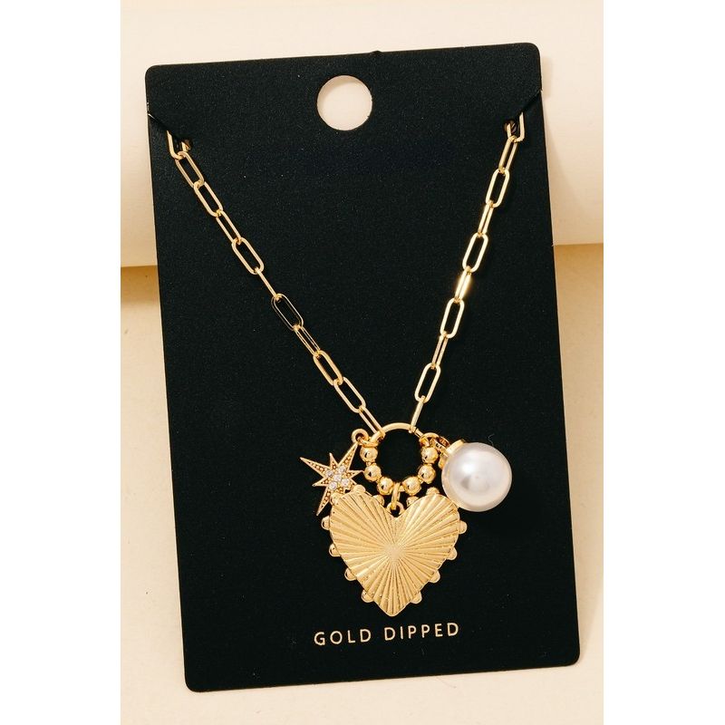Inez Heart Star & Pearl Charms Chain Necklace - Kiyana Boutique