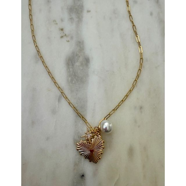Inez Heart Star & Pearl Charms Chain Necklace - Kiyana Boutique