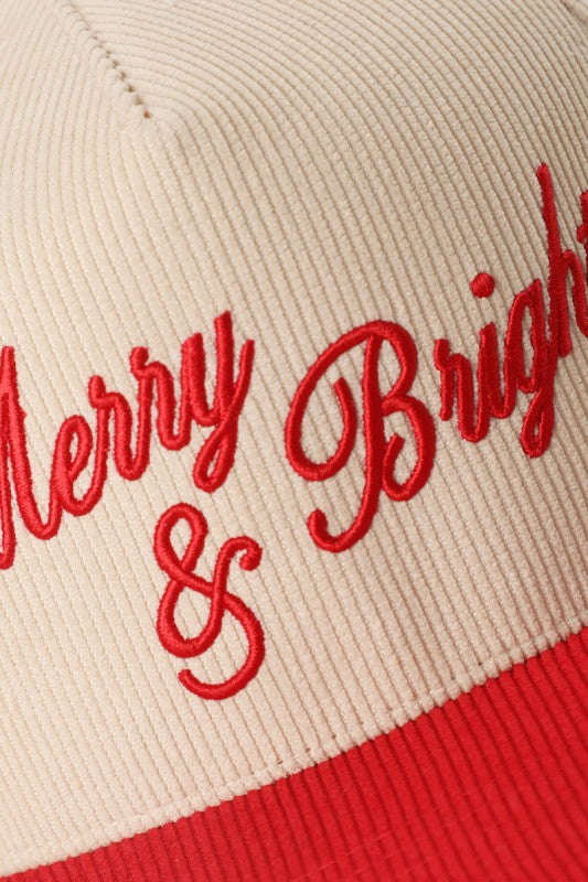 Merry & Bright Embroidered Two-Tone Corduroy Trucker Hat Christmas