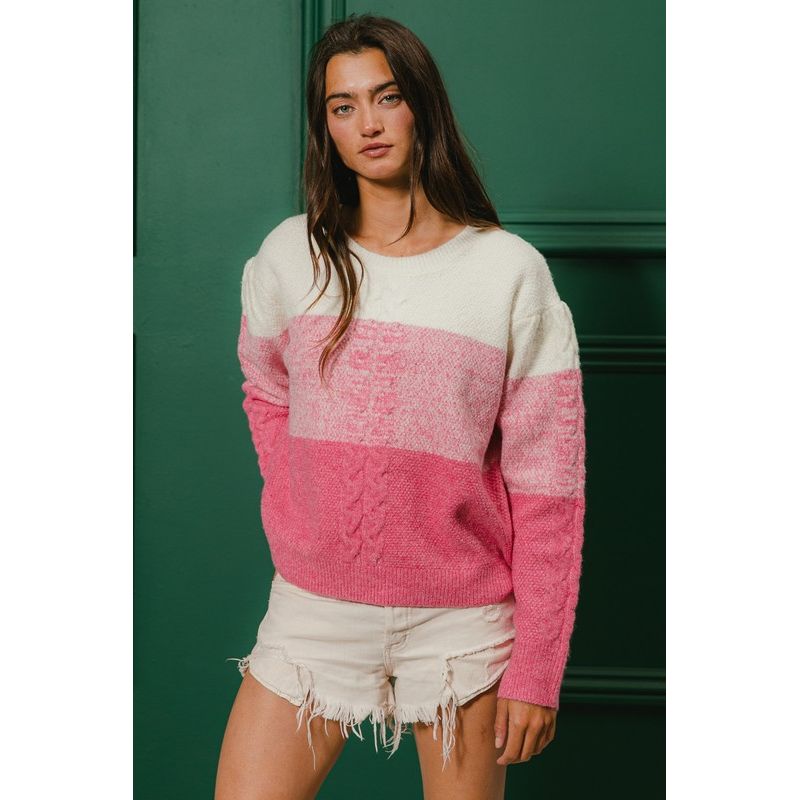 Madison Color Block Cable-Knit Sweater - Kiyana Boutique