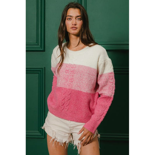 Madison Color Block Cable-Knit Sweater - Kiyana Boutique