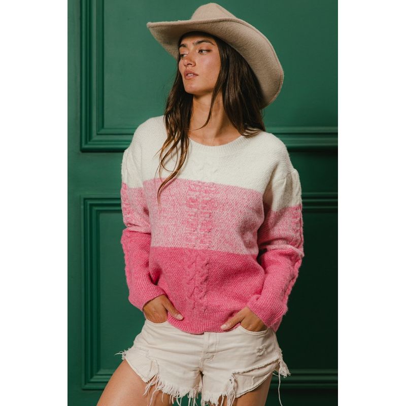 Madison Color Block Cable-Knit Sweater - Kiyana Boutique
