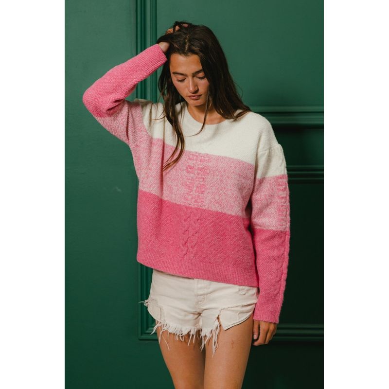 Madison Color Block Cable-Knit Sweater - Kiyana Boutique