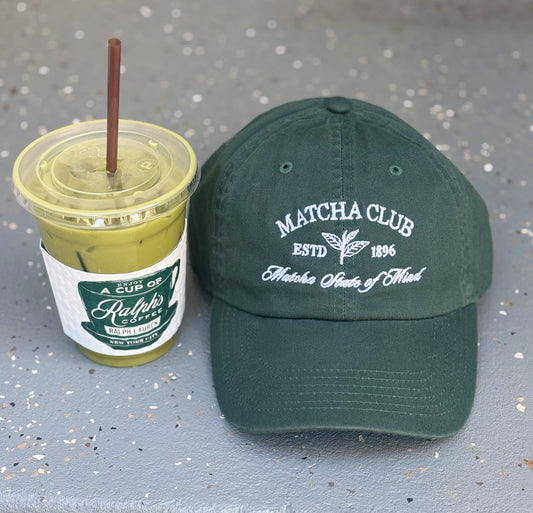 Matcha Club Embroidered Cotton Baseball Cap-Dark Green Adjustable Hat - Kiyana Boutique