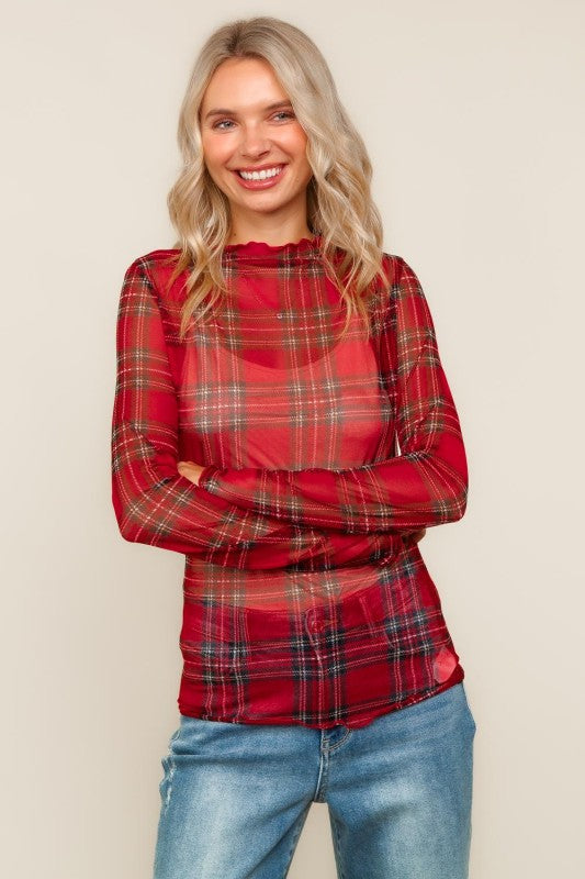 Noel High Neck Plaid Mesh Top – Holiday Red Check - Kiyana Boutique