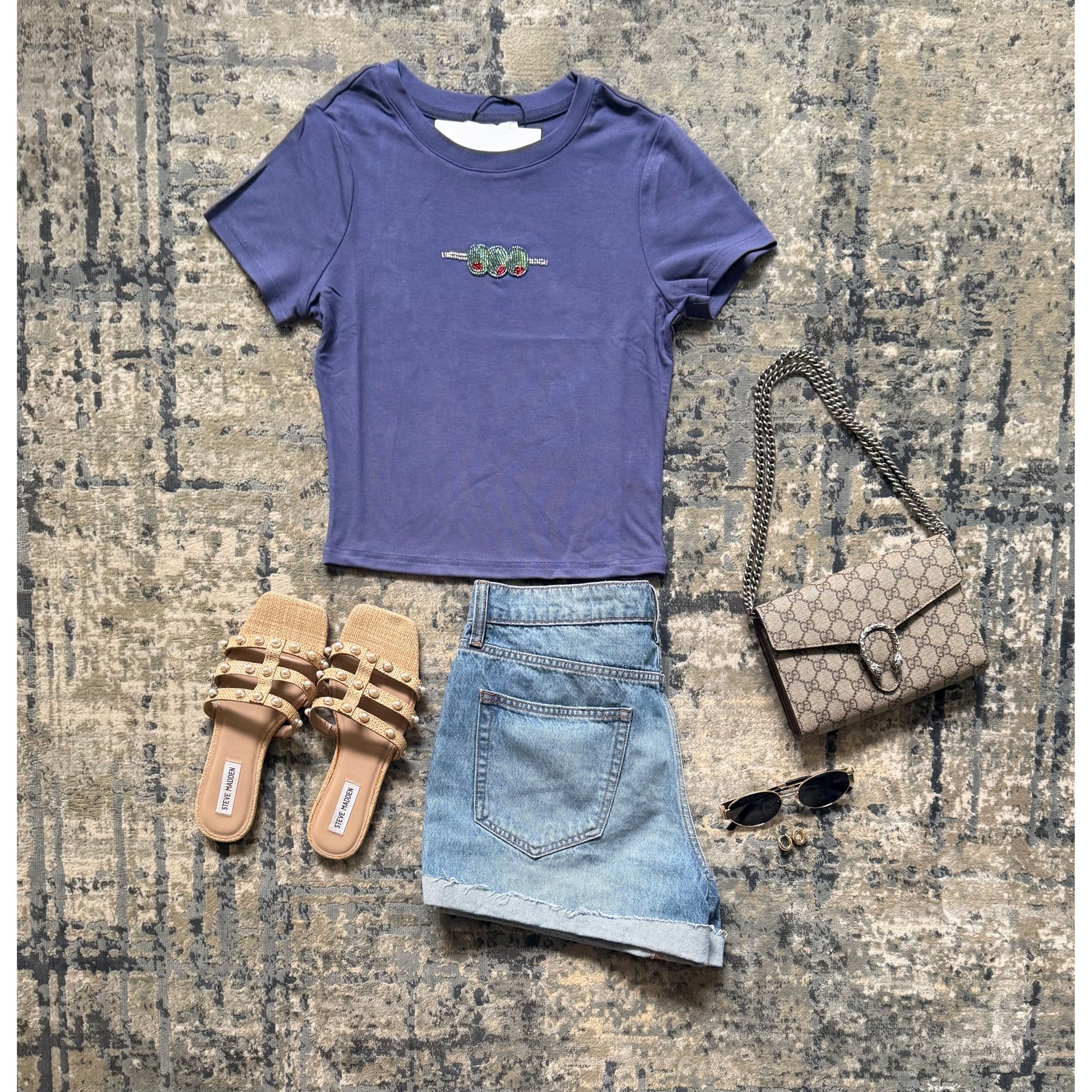 Olive Beaded Tee Periwinkle - Kiyana Boutique