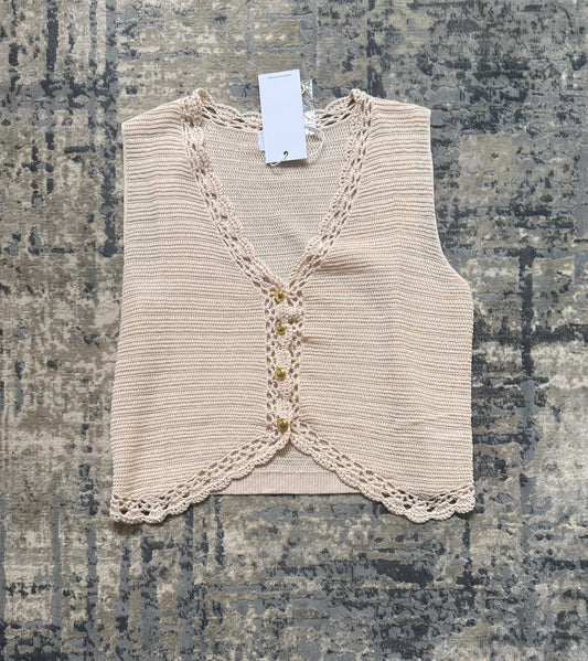 Romy Crochet Button Down Sweater Vest-Oatmeal - Kiyana Boutique