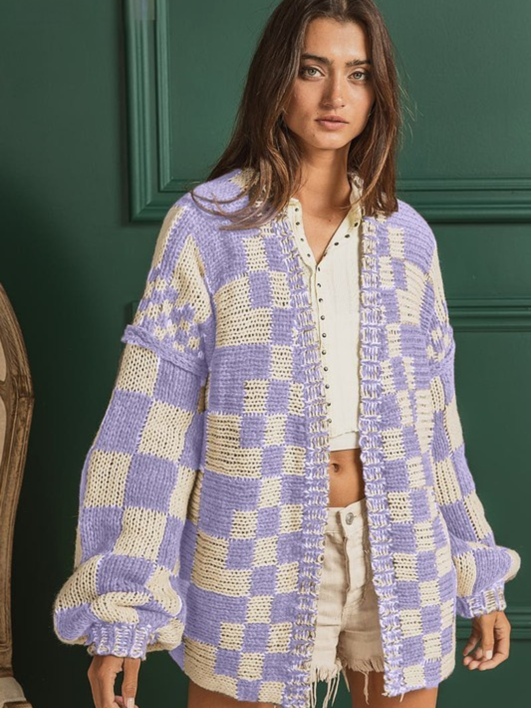 Wyatt Checkered Knit Cardigan-Lavender - Kiyana Boutique
