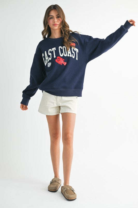 East Coast Graphic Fleece Pullover-Navy Blue Sweatshirt - Kiyana Boutique