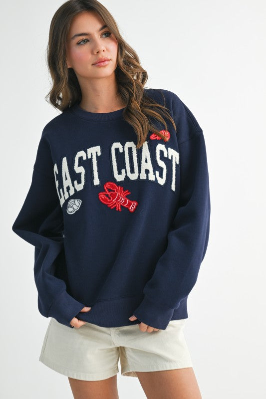 East Coast Graphic Fleece Pullover-Navy Blue Sweatshirt - Kiyana Boutique