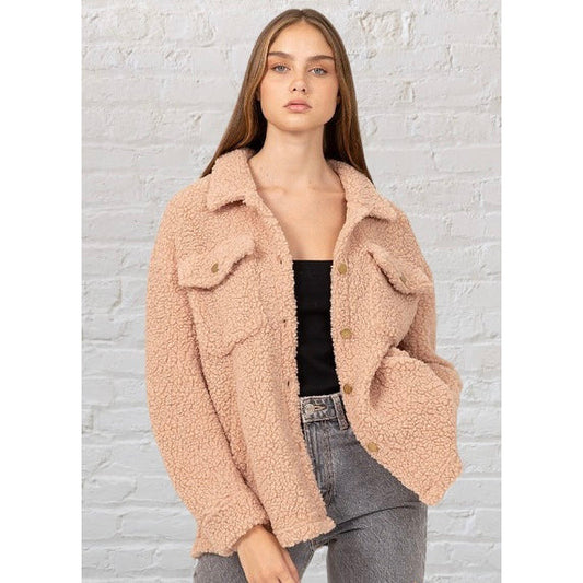 Ashley Teddy Shacket, Cozy Sherpa Jacket, Taupe Shacket