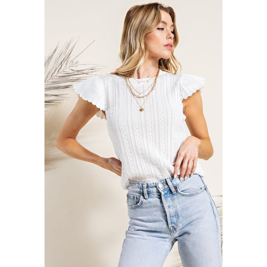 Kristin Pointelle Sweater Top-Off White - Kiyana Boutique