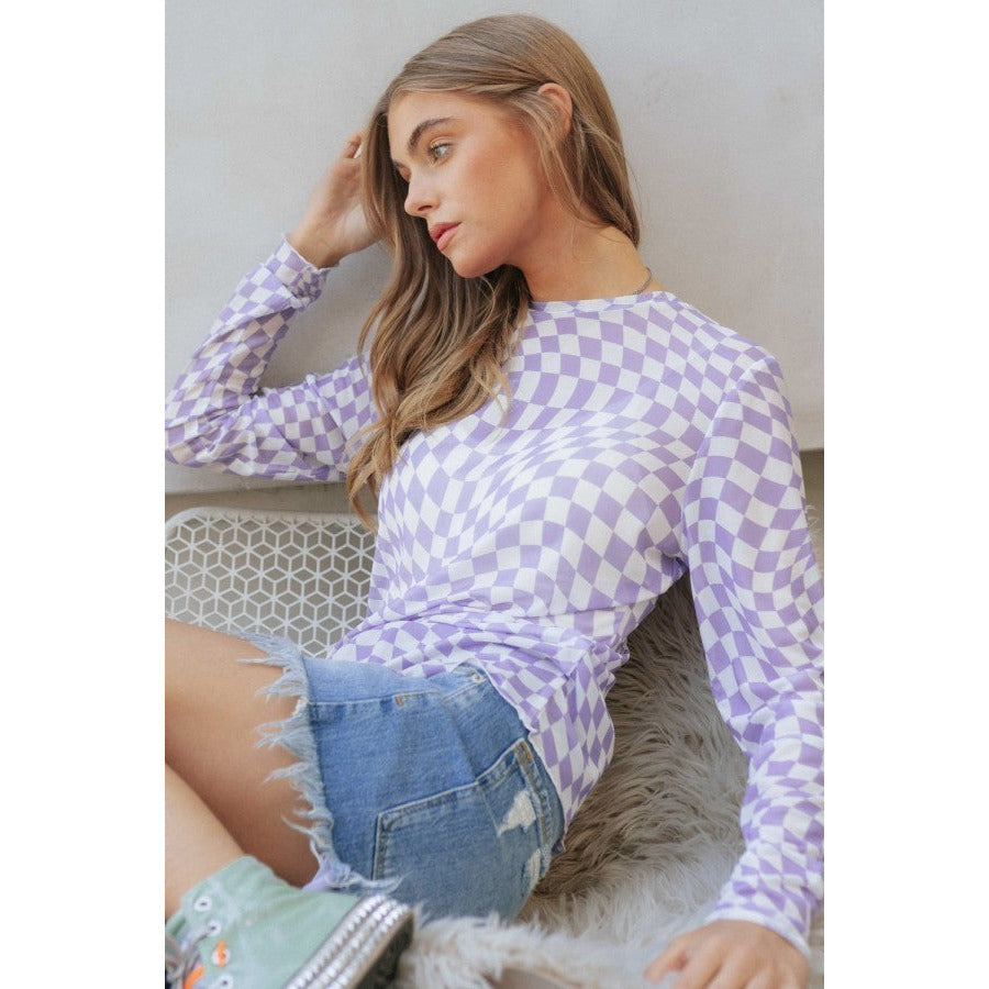 Riley Checkered Mesh Top-Lavender - Kiyana Boutique