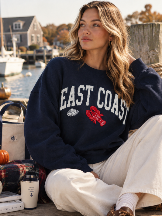 East Coast Graphic Fleece Pullover-Navy Blue Sweatshirt - Kiyana Boutique