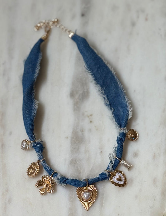 Gabrielle Distressed Denim Heart Floral Charm Necklace - Kiyana Boutique