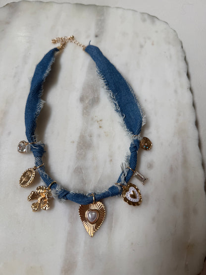 Gabrielle Distressed Denim Heart Floral Charm Necklace - Kiyana Boutique