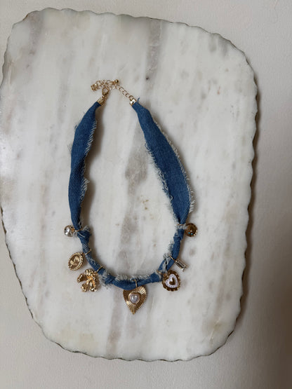 Gabrielle Distressed Denim Heart Floral Charm Necklace - Kiyana Boutique