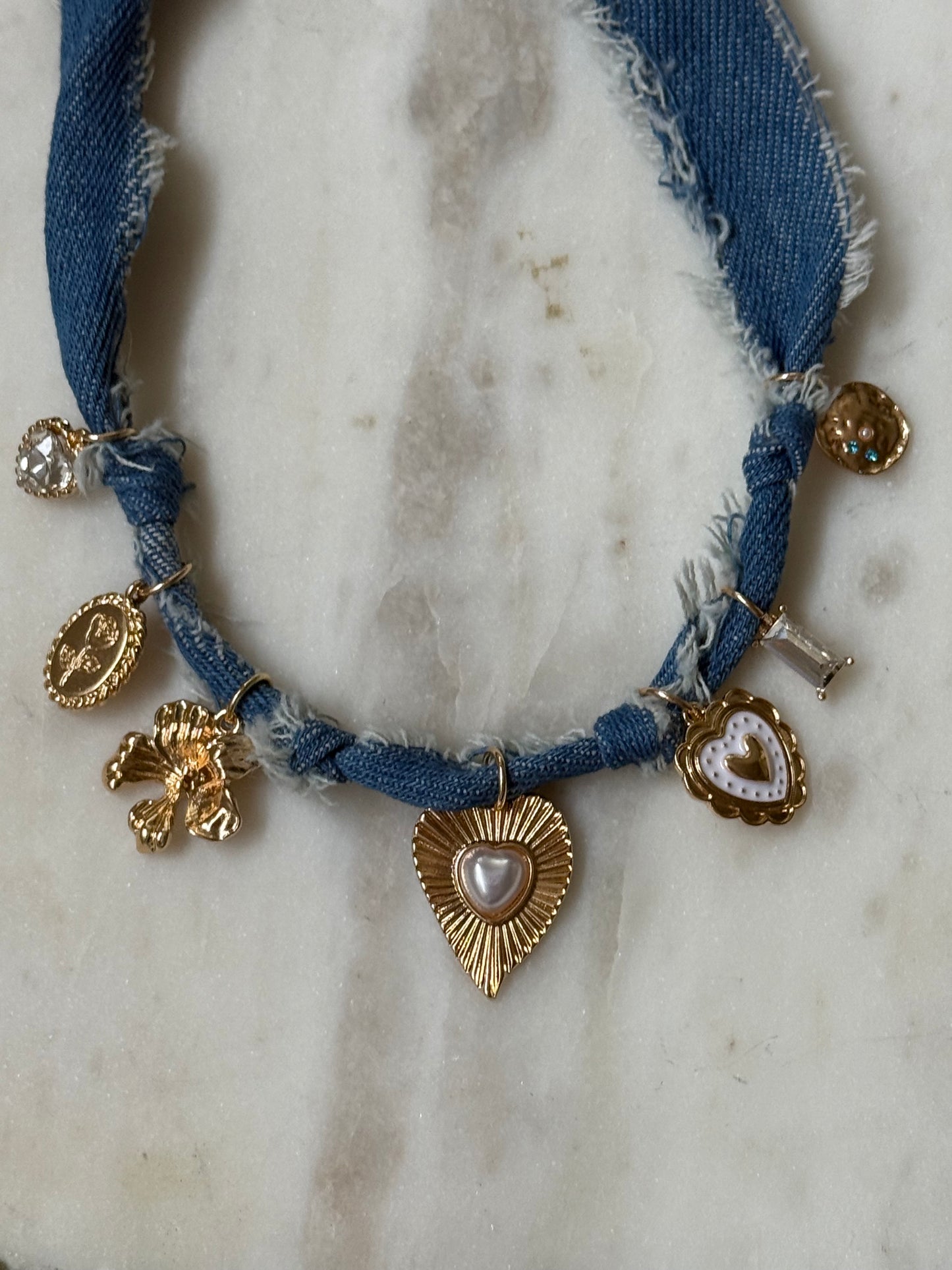 Gabrielle Distressed Denim Heart Floral Charm Necklace - Kiyana Boutique