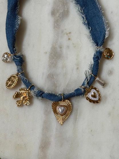 Gabrielle Distressed Denim Heart Floral Charm Necklace - Kiyana Boutique