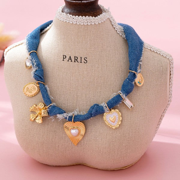 Gabrielle Distressed Denim Heart Floral Charm Necklace - Kiyana Boutique