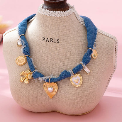 Gabrielle Distressed Denim Heart Floral Charm Necklace - Kiyana Boutique
