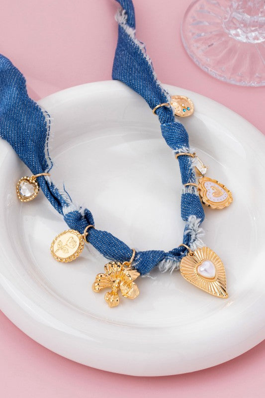 Gabrielle Distressed Denim Heart Floral Charm Necklace - Kiyana Boutique