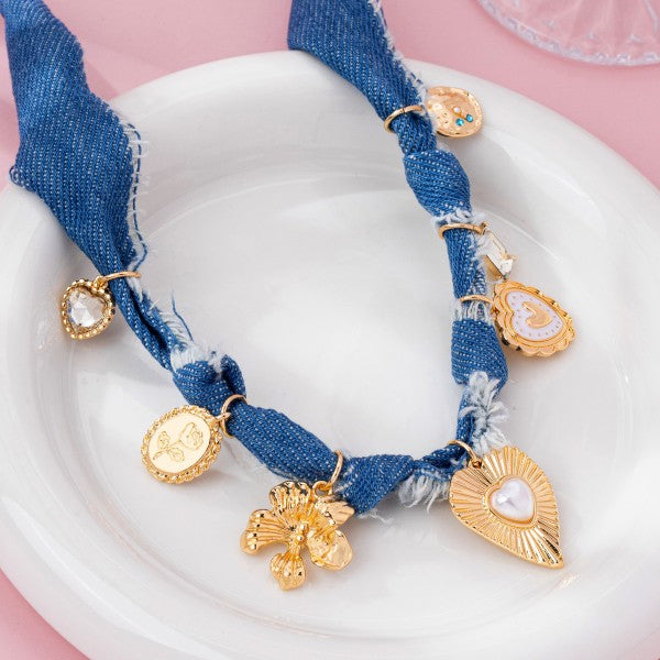 Gabrielle Distressed Denim Heart Floral Charm Necklace - Kiyana Boutique