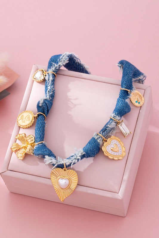 Gabrielle Distressed Denim Heart Floral Charm Necklace - Kiyana Boutique