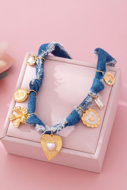 Gabrielle Distressed Denim Heart Floral Charm Necklace - Kiyana Boutique