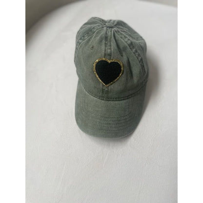 Green & Black Heart Chenille Patch Baseball Hat Cap - Kiyana Boutique