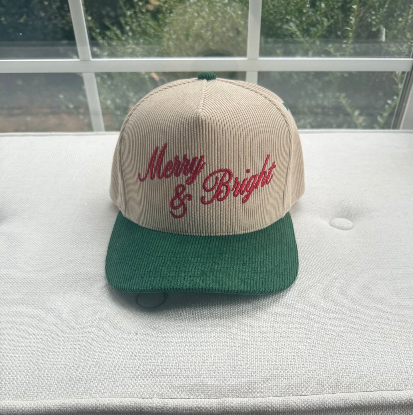 Merry & Bright Embroidered Green Two-Tone Corduroy Trucker Hat Christmas