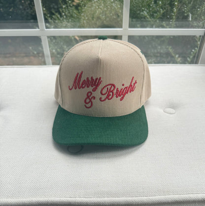 Merry & Bright Embroidered Green Two-Tone Corduroy Trucker Hat Christmas
