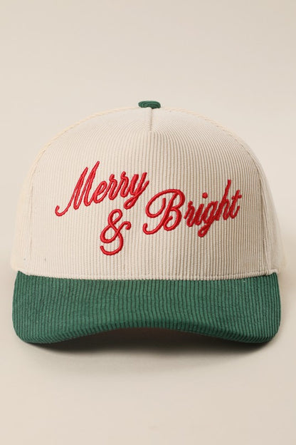 Merry & Bright Embroidered Green Two-Tone Corduroy Trucker Hat Christmas