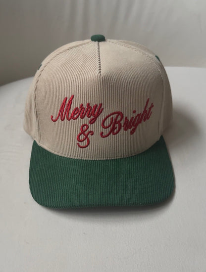 Merry & Bright Embroidered Green Two-Tone Corduroy Trucker Hat Christmas