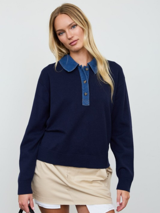 Hailey Denim Collar Polo Knit Sweater - Kiyana Boutique
