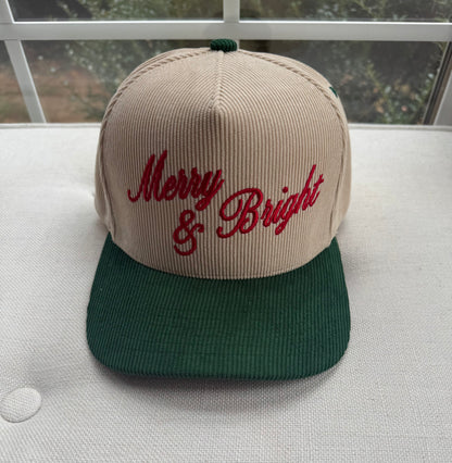 Merry & Bright Embroidered Green Two-Tone Corduroy Trucker Hat Christmas
