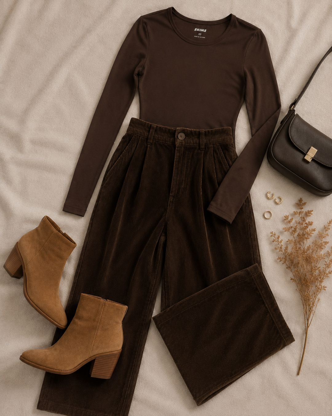 A styled flat-lay outfit featuring a dark brown long-sleeve knit top, dark brown corduroy wide-leg pants, tan suede ankle boots, and a black crossbody bag, arranged on a textured beige fabric background with dried flowers and gold jewelry.