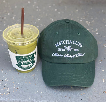 Matcha Club Embroidered Cotton Baseball Cap-Dark Green Adjustable Hat - Kiyana Boutique