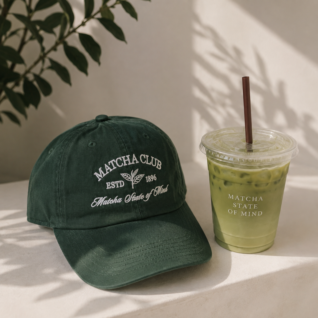 Matcha Club Embroidered Cotton Baseball Cap-Dark Green Adjustable Hat - Kiyana Boutique