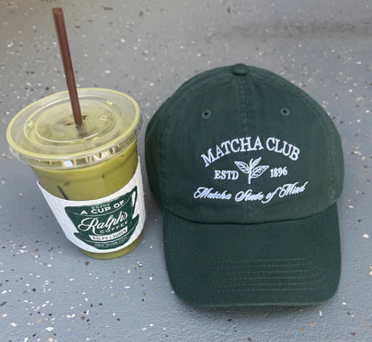 Matcha Club Embroidered Cotton Baseball Cap-Dark Green Adjustable Hat - Kiyana Boutique